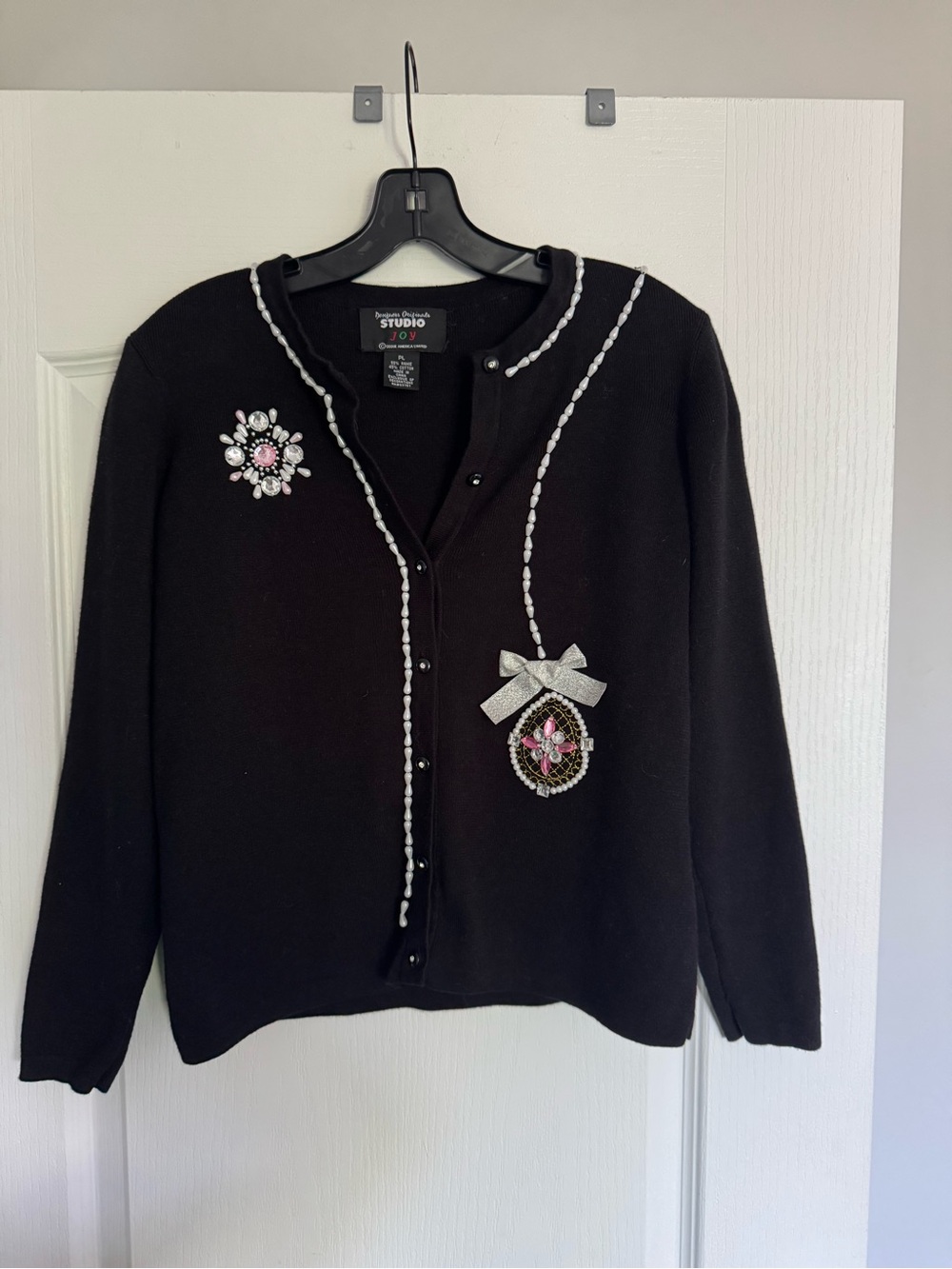 Studio Black Embellished Cardigan with Crystal Brooch Accents